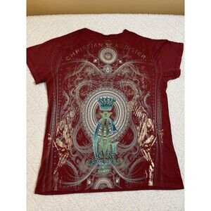 Vintage Y2K Christian Audigier Crown Rhinestones AOP USA Made Red Tee Size S